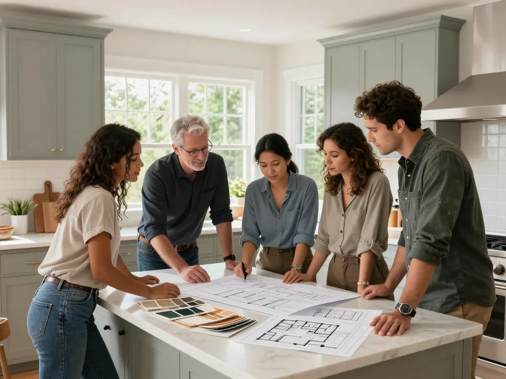 Collaborative kitchen renovation team reviewing plans at www.crediblekb.com.