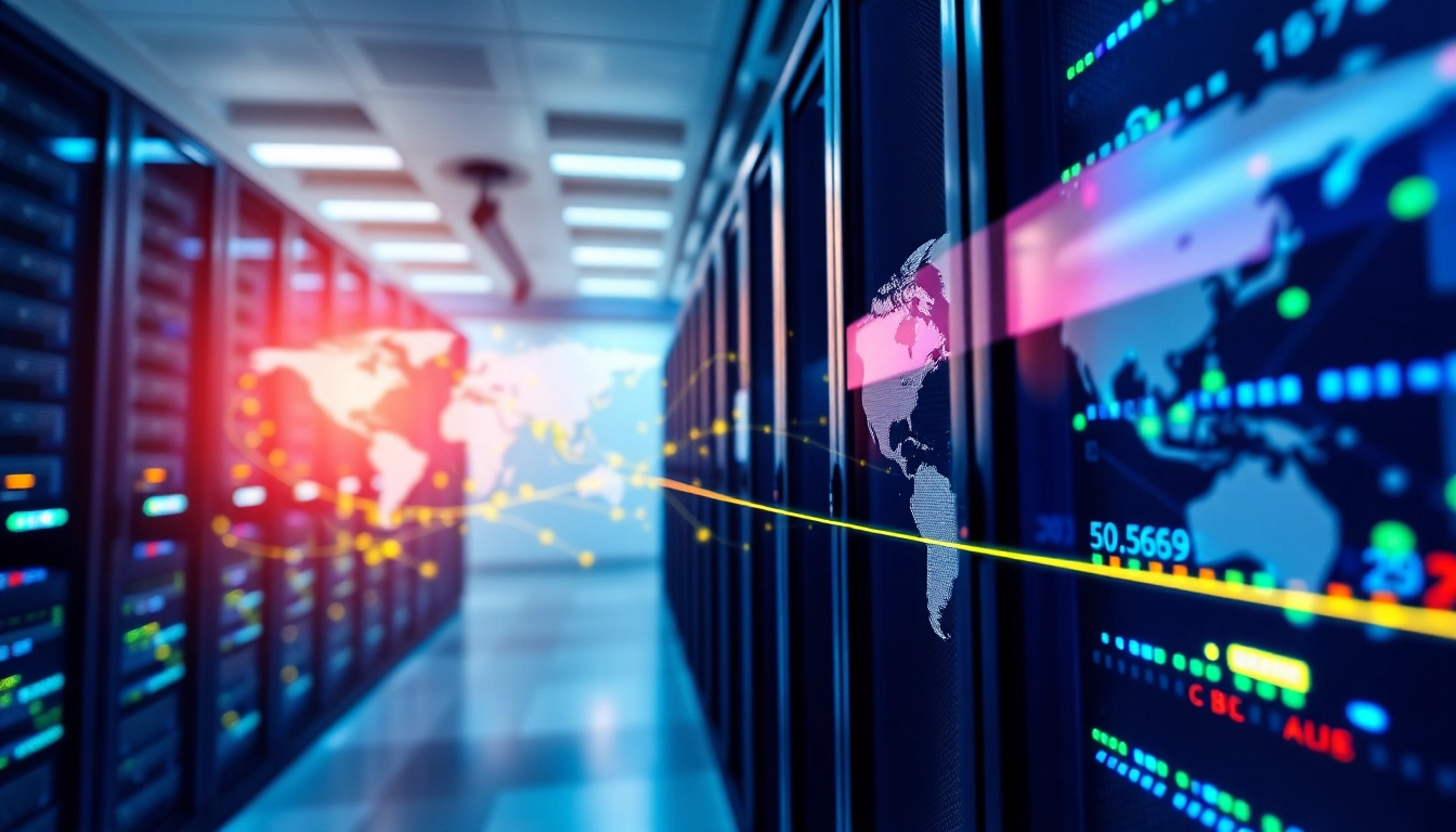 Showcase of CDN with DDoS Protection highlighting dynamic data flow and secure servers in a professional setting.