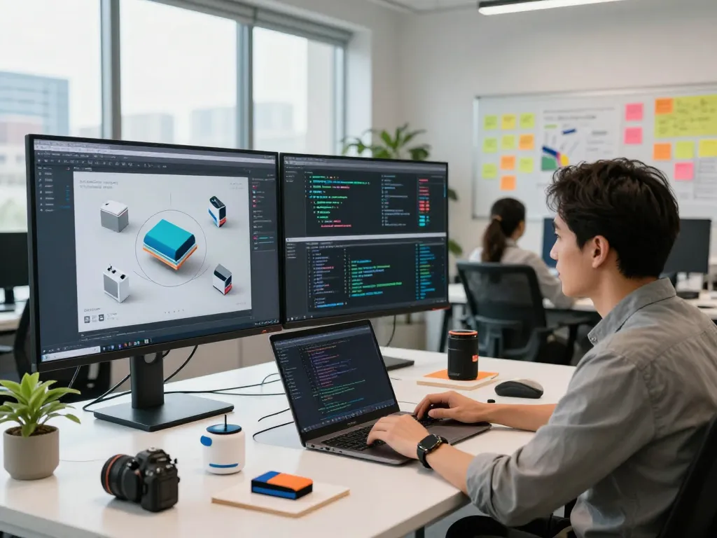 Developers working on 3D product configurator software, showcasing collaboration and innovative tech.