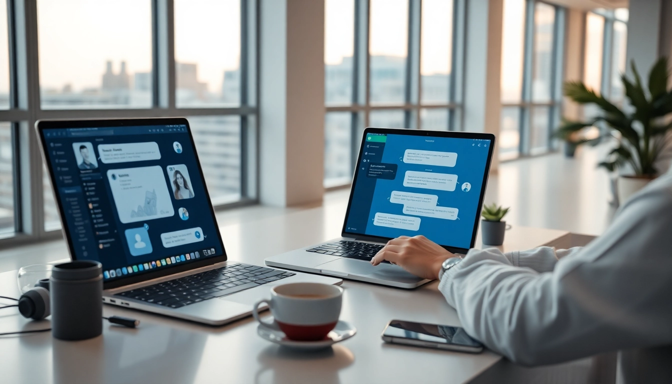 Engaging scene of a user exploring free NSFW AI chatbots on a sleek laptop in an innovative workspace.