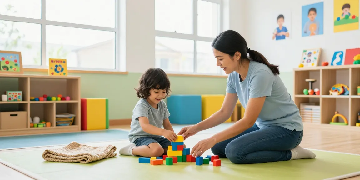 Occupational therapy session with child building motor skills through play.