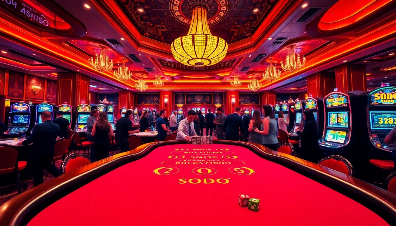 SODO Casino players engaging at a vibrant blackjack table amidst an atmosphere of excitement and luxury.