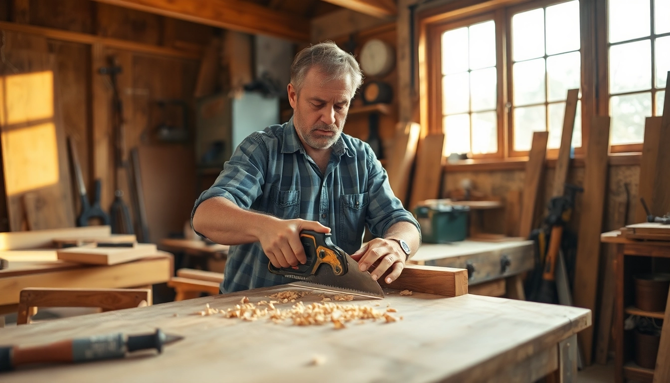 Carpentry apprenticeship: A carpenter skillfully working on a wooden project in a bright workshop.