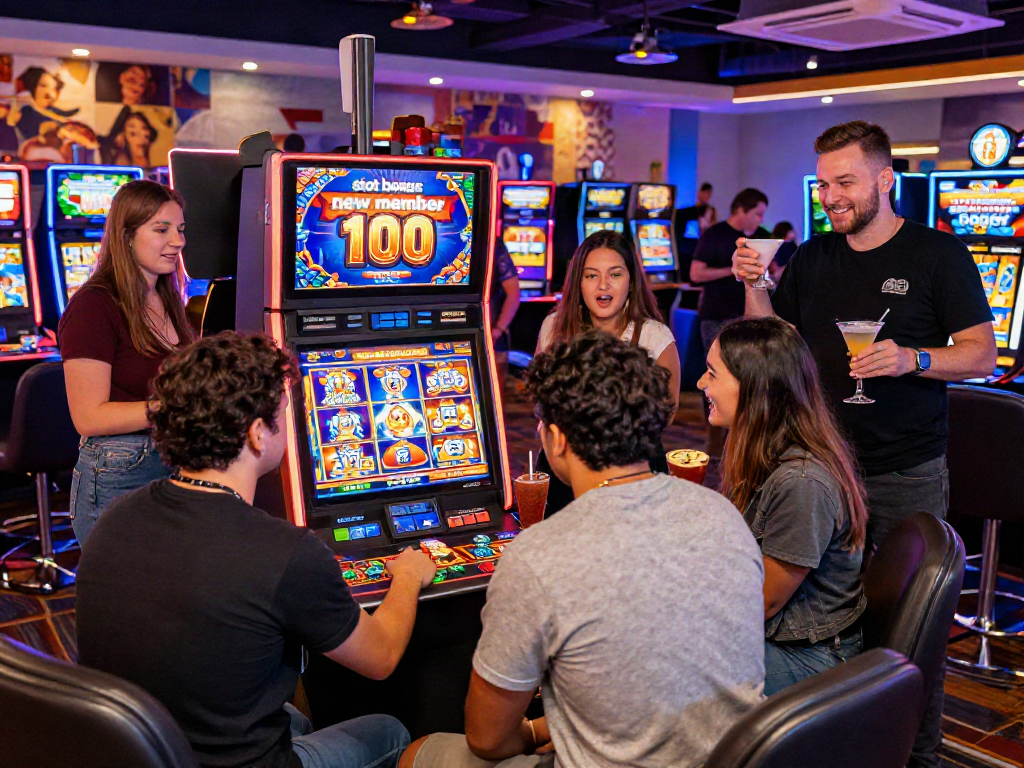 Excited new players engaging with the slot bonus new member 100 at a modern casino.