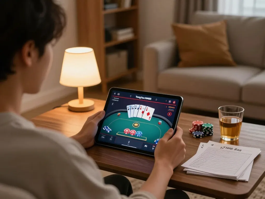 Engaging in strategic online gaming on Trang chủ MM88 featuring poker gameplay interface and cozy ambiance.