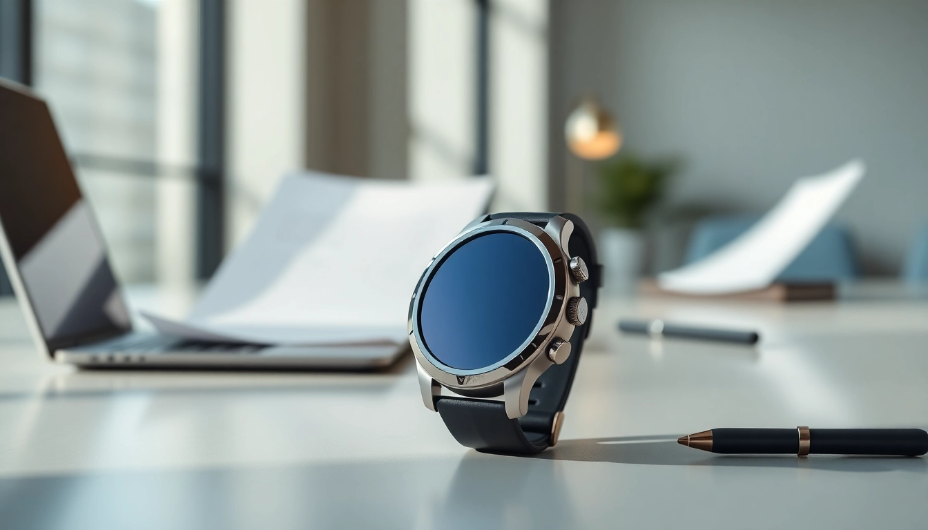 Stylish pulse smart watch displaying features in a professional office setting.