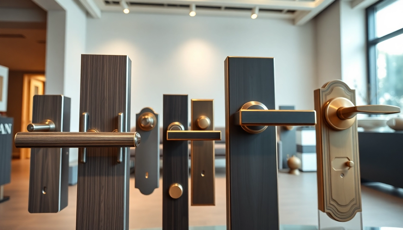 Showcase of professional Door Handle Suppliers' elegant styles and finishes in a modern showroom.