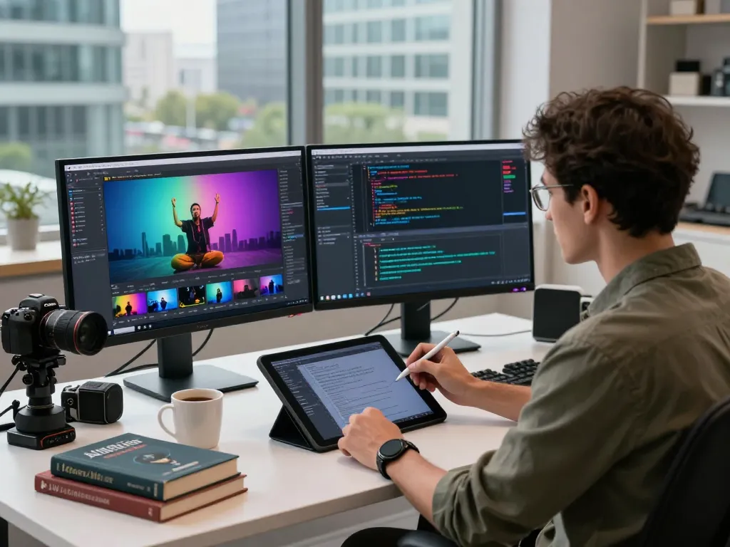 Workspace featuring an innovative video to promptgenerator tool with dual monitors showing video analysis software.