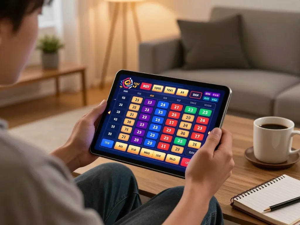 Pengalaman permainan toto togel dengan pengguna yang terlibat di tablet, menunjukkan taruhan strategis.