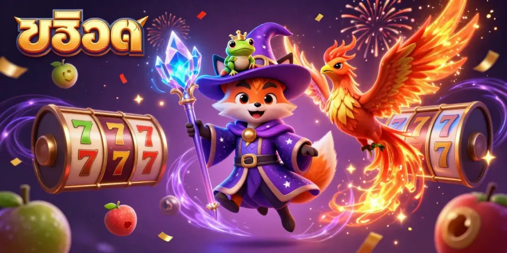 Engaging scene of the mystical wizard fox showcasing engaging slot game elements, slot reels, and colorful symbols.