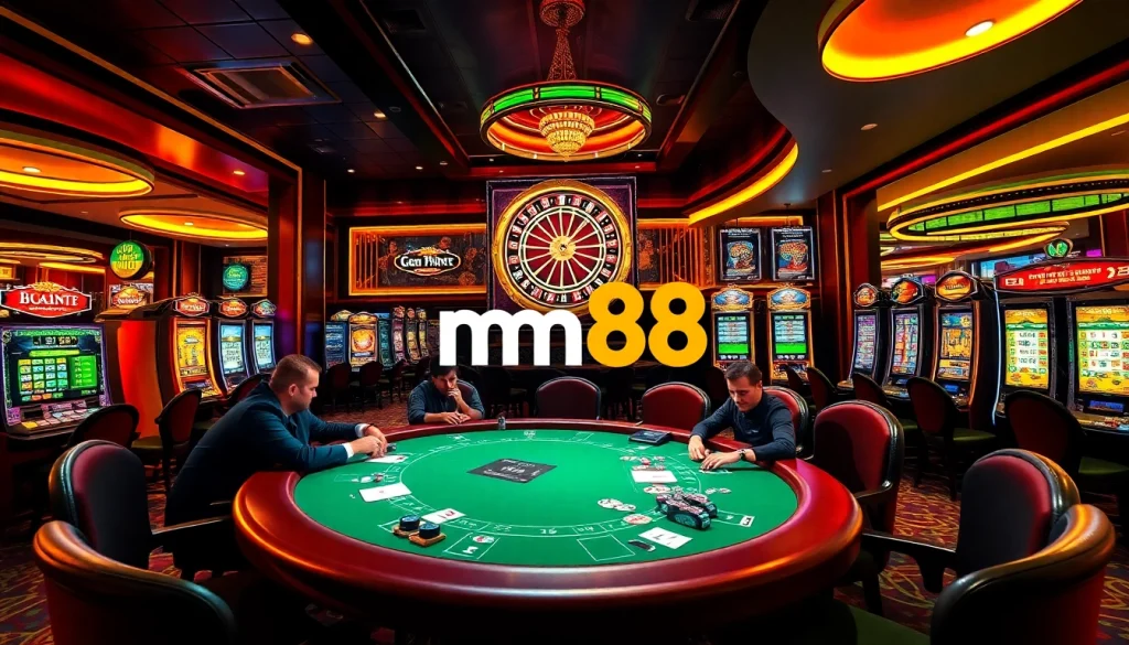 mm88 roulette wheel spins in a lively casino with poker players and slot machines, showcasing the thrill of gambling.