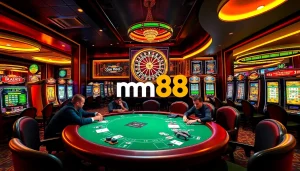 mm88 roulette wheel spins in a lively casino with poker players and slot machines, showcasing the thrill of gambling.