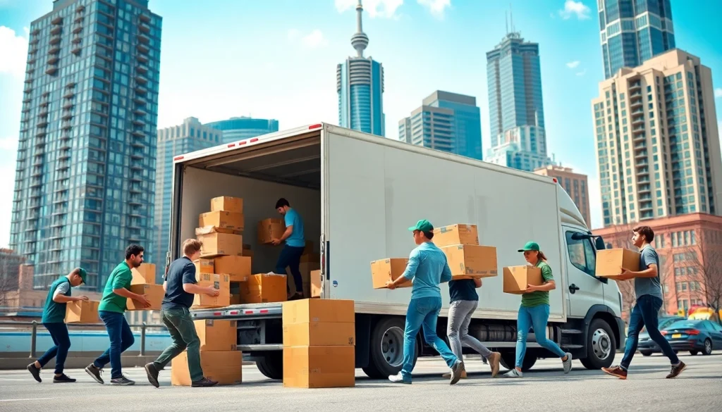 Toronto movers efficiently loading boxes onto a modern truck in an urban setting.
