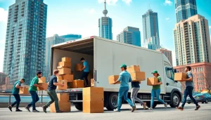 Toronto movers efficiently loading boxes onto a modern truck in an urban setting.