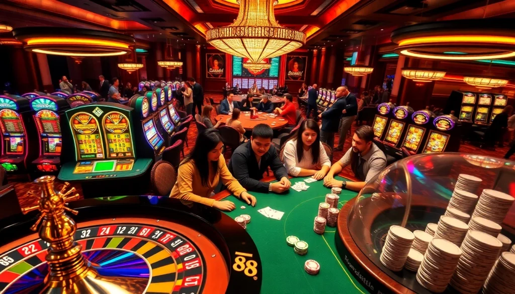 Hi 88 is the center of excitement at a bustling casino table with poker chips and cards.