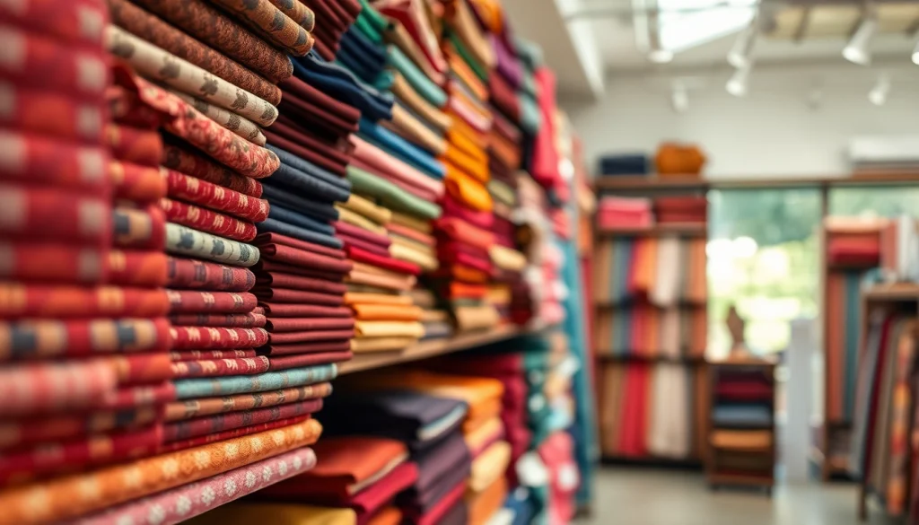 Punta di Roma stoffen collectie in een moderne modewinkel met verschillende kleurrijke stoffen.