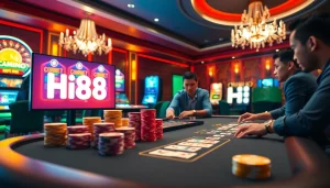 Experience excitement with Hi88 at a vibrant poker game featuring colorful chips and illuminated tables.