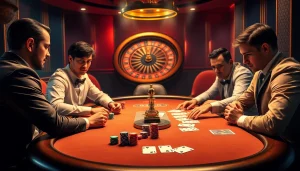 Intense poker game showcasing strategies at https://xx88.center/ with focused players and vibrant chips.