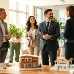 Real Estate agent consulting clients in a modern office with architectural models.