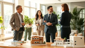 Real Estate agent consulting clients in a modern office with architectural models.
