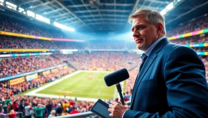 스포츠중계 중계진이 생생한 경기를 전달하는 모습을 담고 있습니다.