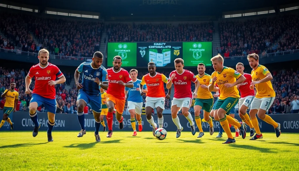 Dynamic scene showcasing diverse team football kits worn by players in a competitive match.
