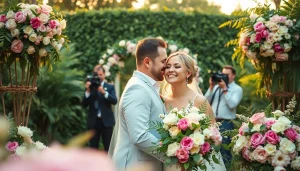 Wedding videographers in Tampa capturing a couple's heartwarming moment in lush greenery.