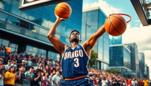 Dynamic slam dunk by Orlando Black basketball player capturing Orlando's vibrant spirit.