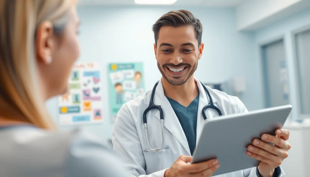 Health consultation with a friendly provider in a bright clinic setting.