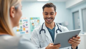 Health consultation with a friendly provider in a bright clinic setting.