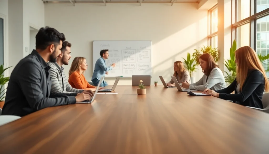 Engaged professionals discussing small business jobs in a modern office environment.