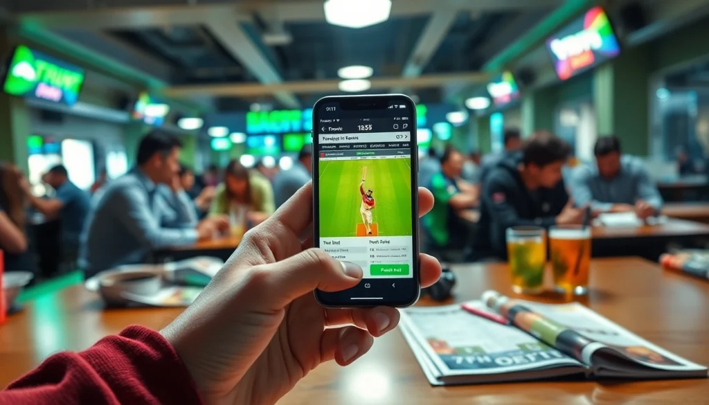 Engaging smartphones showcasing best sports betting apps India with excited bettors in a lively environment.