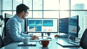 Analyze C168 COM marketing trends with a professional at a modern workspace.