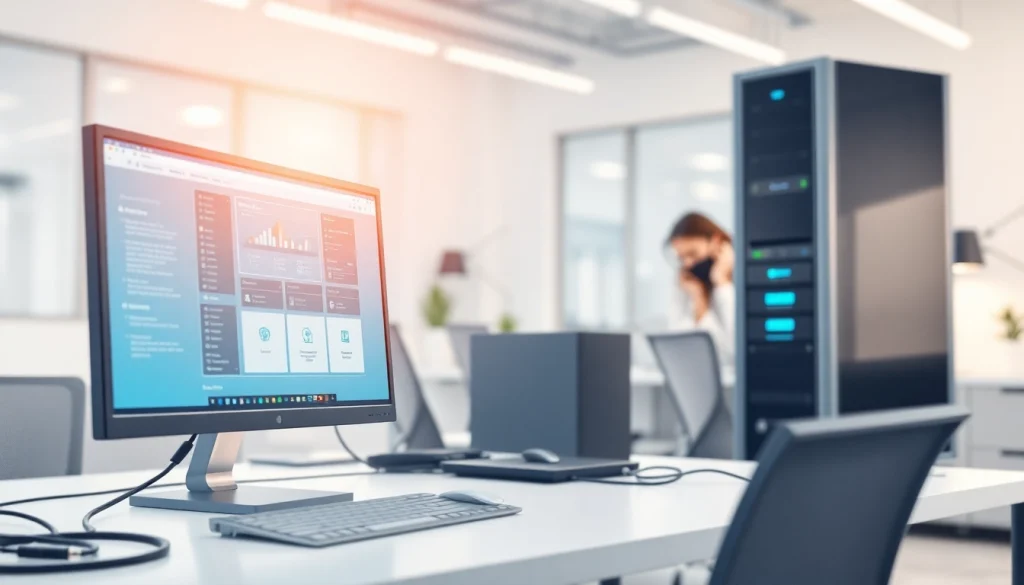 Showcasing virtualization Fredericksburg technology in a modern office environment with sleek setups.