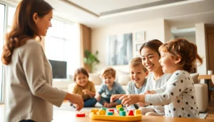 Nanny visa processing in Dubai features a nanny caring for children in a bright, modern setting.