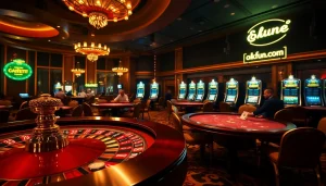Experience thrilling gaming at okfun.com with players engrossed at blackjack tables and vibrant slot machines.