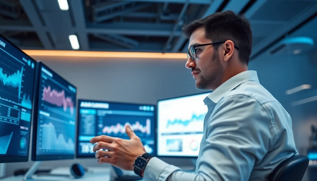 Engaging setup showcasing technology with sleek screens and a focused individual in a modern workspace.