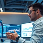 Engaging setup showcasing technology with sleek screens and a focused individual in a modern workspace.