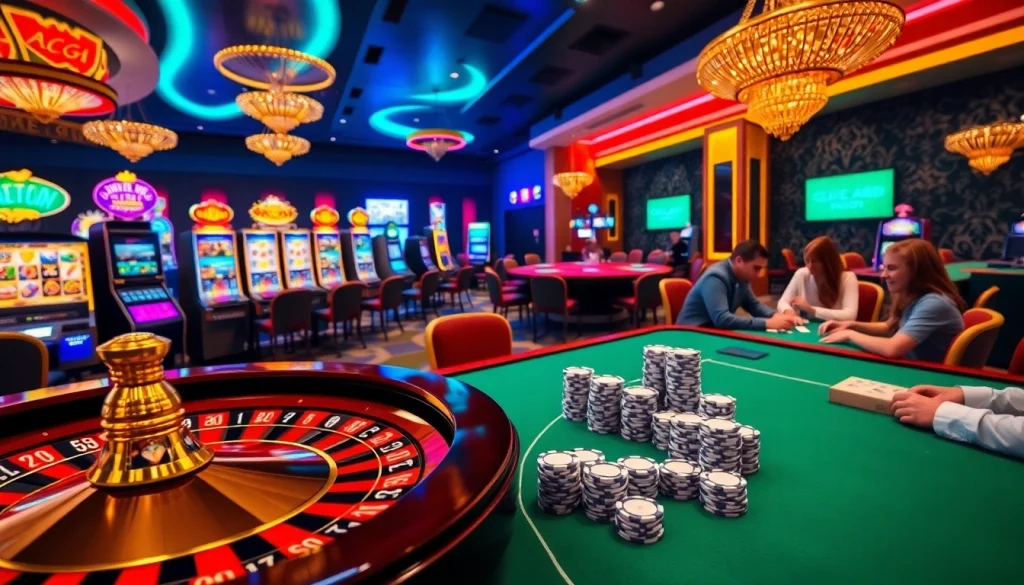 KJC AC 3 casino scene featuring roulette wheels, poker chips, and vibrant slot machines.