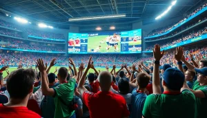 스포츠중계의 실시간 중계를 즐기는 열광적인 관중들의 모습