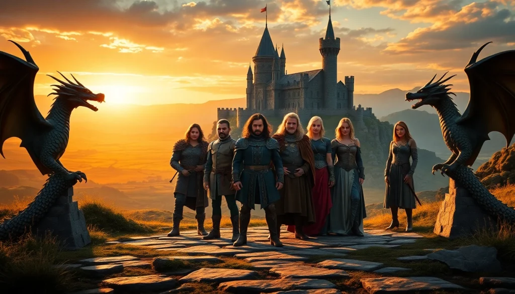 Group of actors portraying prominent characters from the game of thrones cast standing valiantly in a mythical landscape.