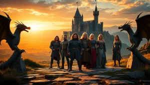Group of actors portraying prominent characters from the game of thrones cast standing valiantly in a mythical landscape.