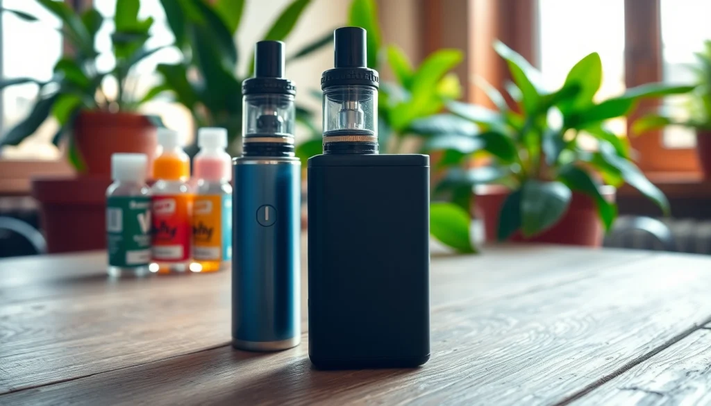 Vape ohne nikotin auf einem Tisch mit Pflanzen, der eine entspannte Atmosphäre vermittelt.