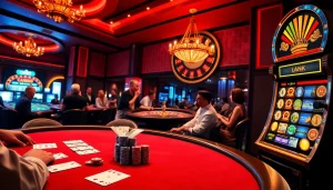 Experience thrilling casino action with Link F8BET at a luxurious poker table and slot machines.