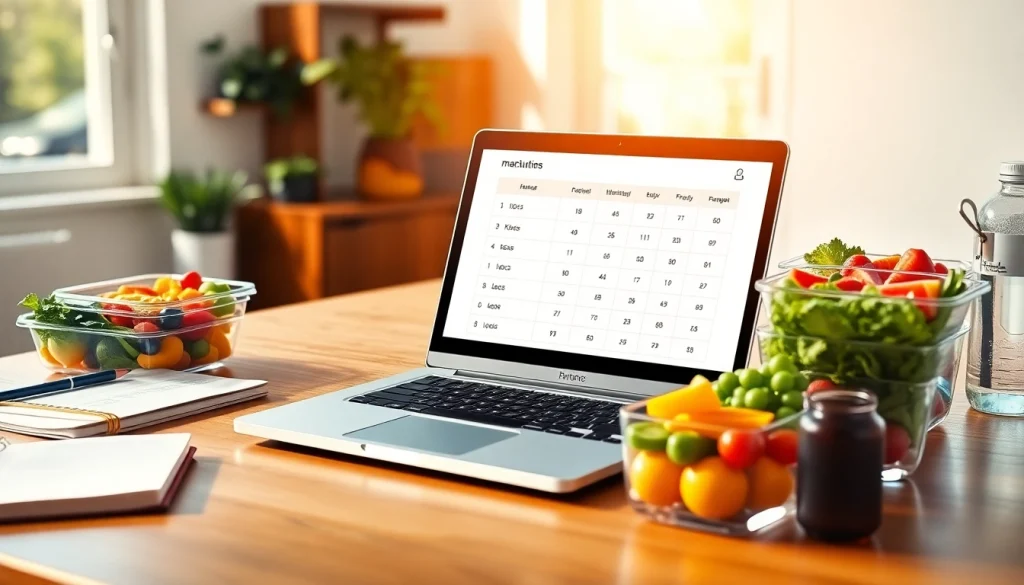 Calculate your macronutrients with a macro calculator using an organized workspace filled with healthy foods.