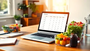 Calculate your macronutrients with a macro calculator using an organized workspace filled with healthy foods.