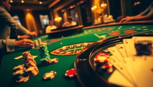 Experience the excitement of gambling at https://sunwin88.art/ with vibrant casino visuals featuring poker chips and roulette.