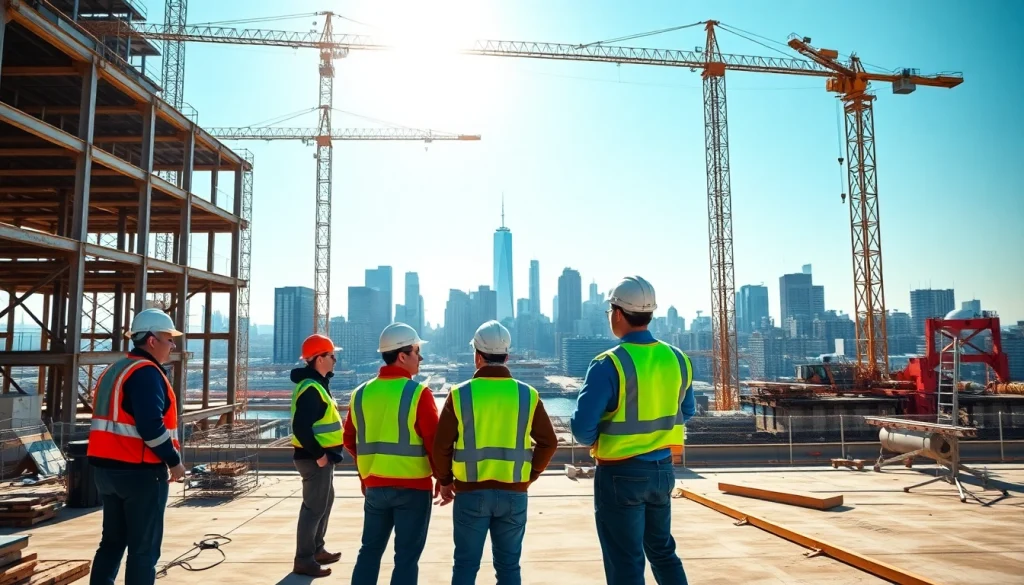 Manhattan Commercial General Contractor managing a construction site with diverse workers collaborating.
