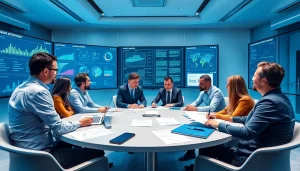 Crisis management consultant leading a dynamic team strategy session in a modern office environment.