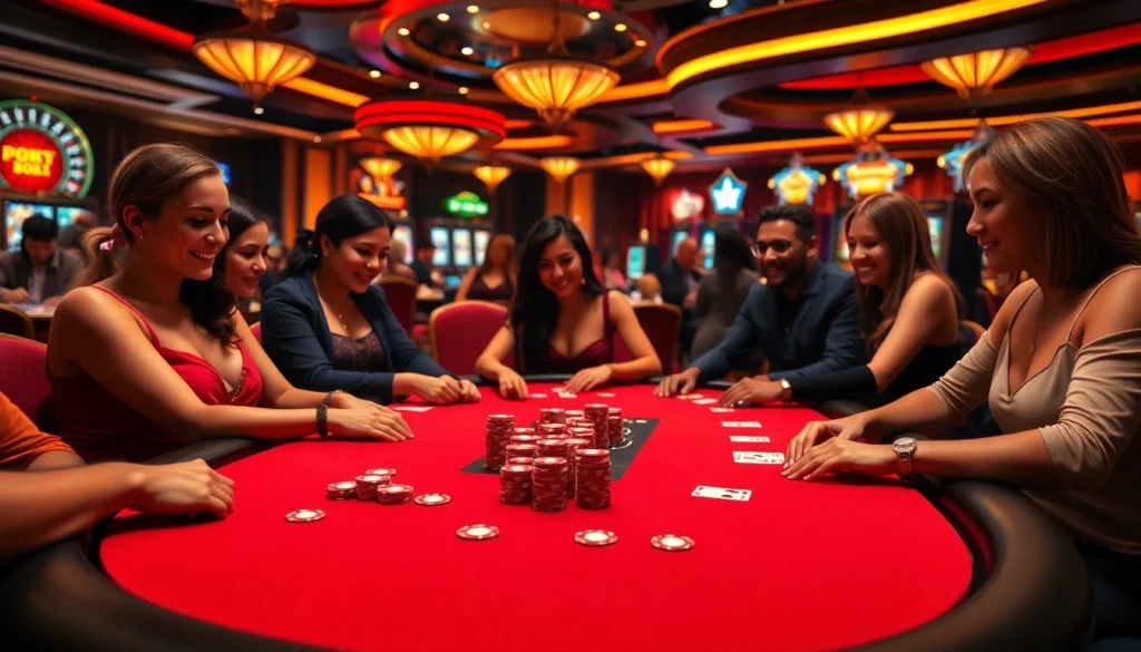 No hu-themed casino action with poker table, chips, and vibrant slot machines.